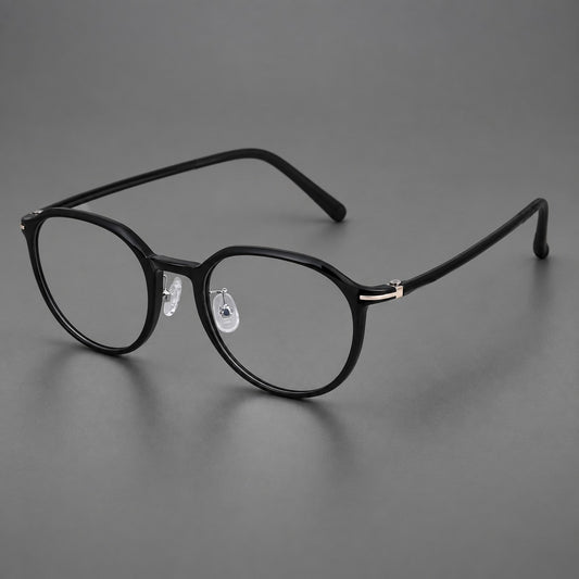 Retro round plastic eyeglasses with a curved bridge and slim metal corner accents — Glossy Black — Main view [CINILY-JD2026-2201-C6]