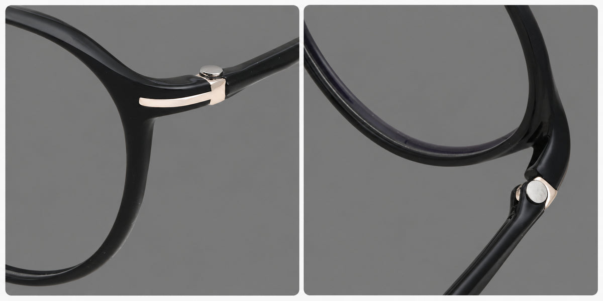 Retro round plastic eyeglasses with a curved bridge and slim metal corner accents — 2201 — Frame details [JD2026-2201]