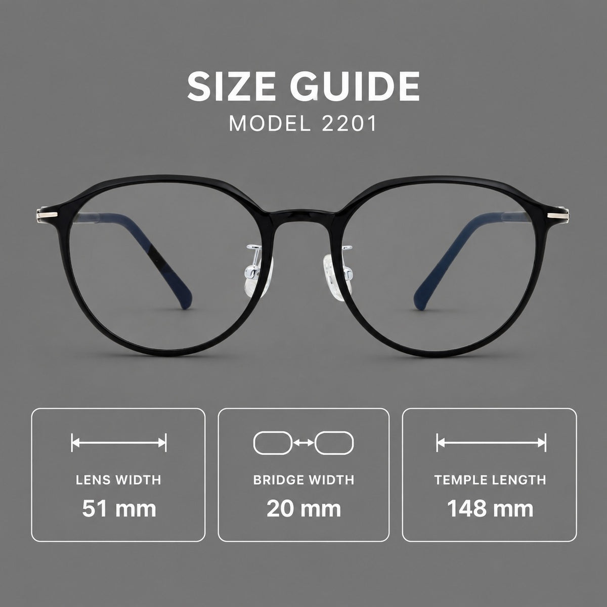 Retro round plastic eyeglasses with a curved bridge and slim metal corner accents — 2201 — Size guide [JD2026-2201]