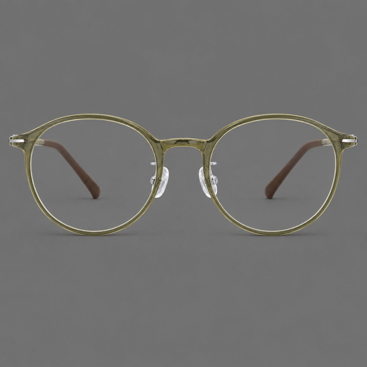 Compact round plastic eyeglasses with gently lifted corners and clear nose pads — Iced Green Tea — Front view [CINILY-JD2026-2202-C19]
