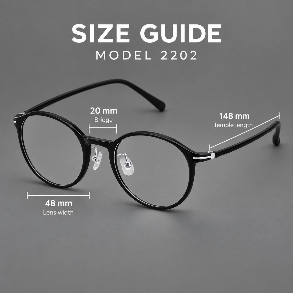 Compact round plastic eyeglasses with gently lifted corners and clear nose pads — 2202 — Size guide [JD2026-2202]