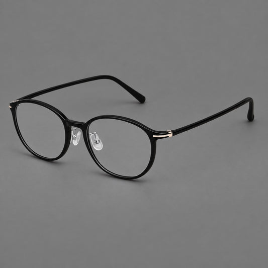 Slim oval plastic eyeglasses with a low profile and subtle metal corner accents — Glossy Black — Main view [CINILY-JD2026-2204-C6]