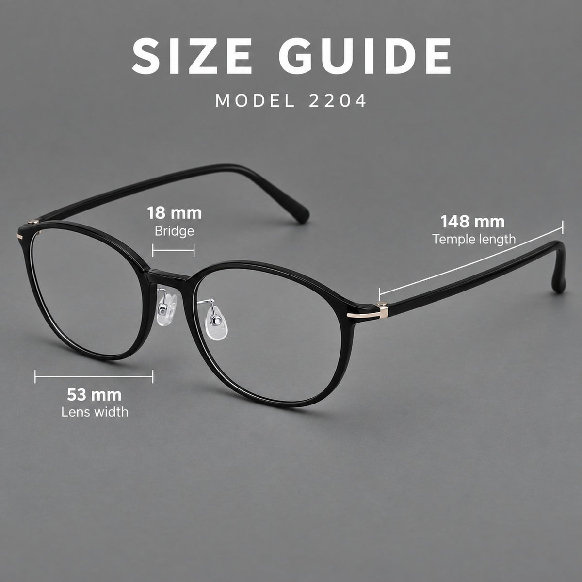 Slim oval plastic eyeglasses with a low profile and subtle metal corner accents — 2204 — Size guide [JD2026-2204]