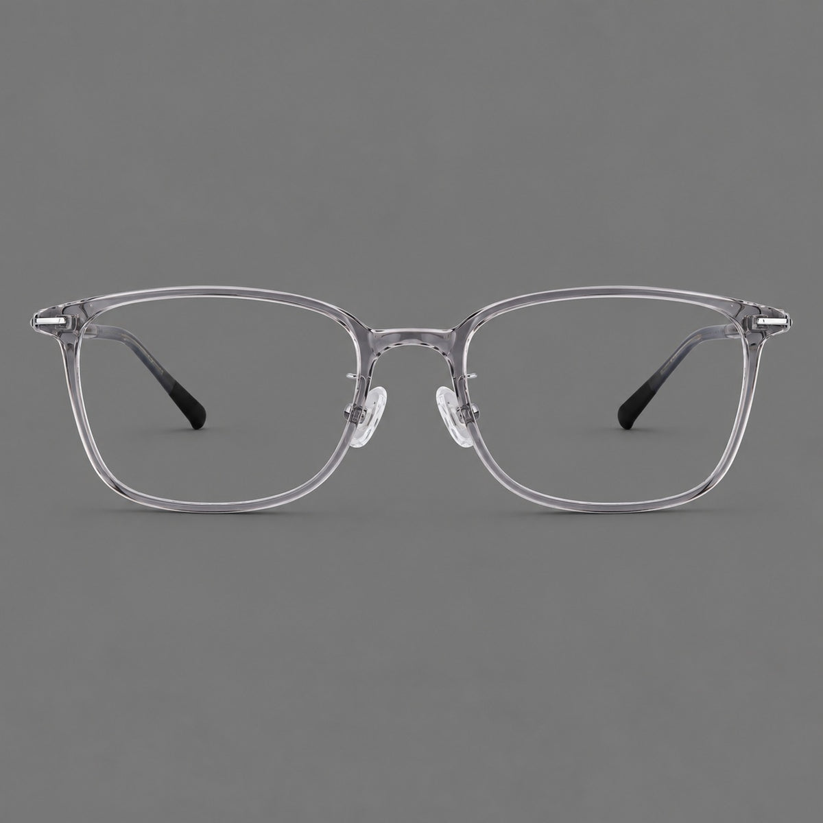 Classic square plastic eyeglasses with broad lenses and softly rounded edges — Clear Grey — Front view [CINILY-JD2026-2205-C4]