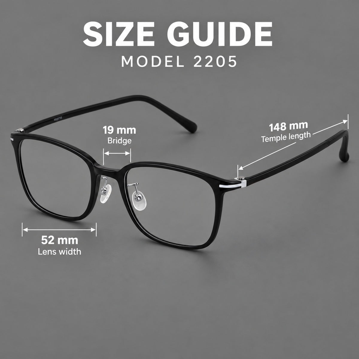 Classic square plastic eyeglasses with broad lenses and softly rounded edges — 2205 — Size guide [JD2026-2205]