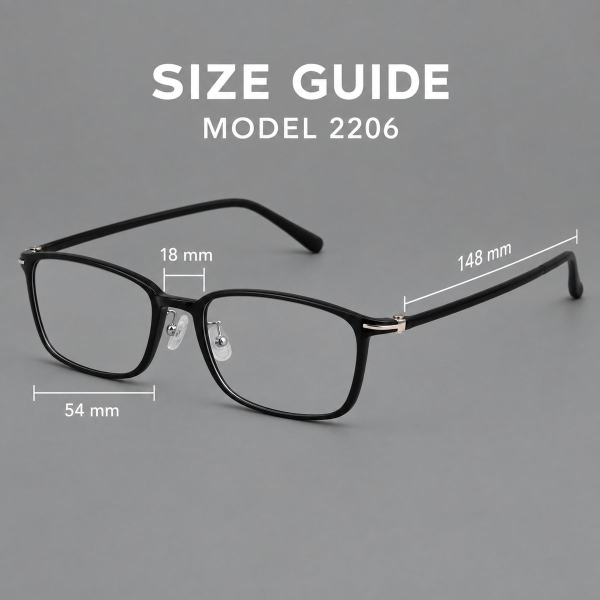 Low profile rectangular plastic eyeglasses with a straight browline and slim temples — 2206 — Size guide [JD2026-2206]