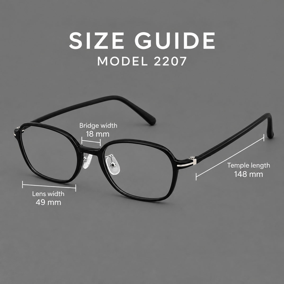Rounded geometric plastic eyeglasses with softly angled rims and a curved bridge — 2207 — Size guide [JD2026-2207]