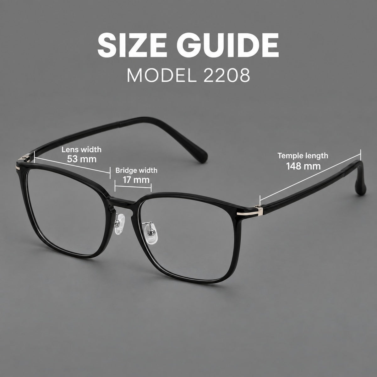 Bold square plastic eyeglasses with a defined browline and an open bridge — 2208 — Size guide [JD2026-2208]