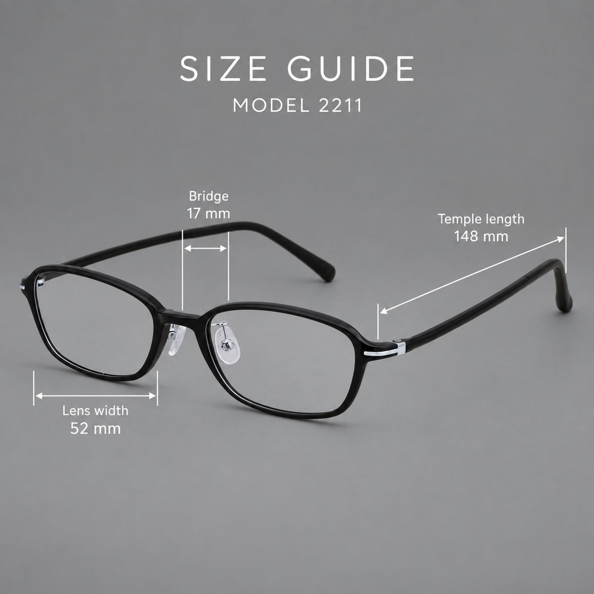 Soft oval plastic eyeglasses with a narrow bridge and gently rounded outer corners — 2211 — Size guide [JD2026-2211]