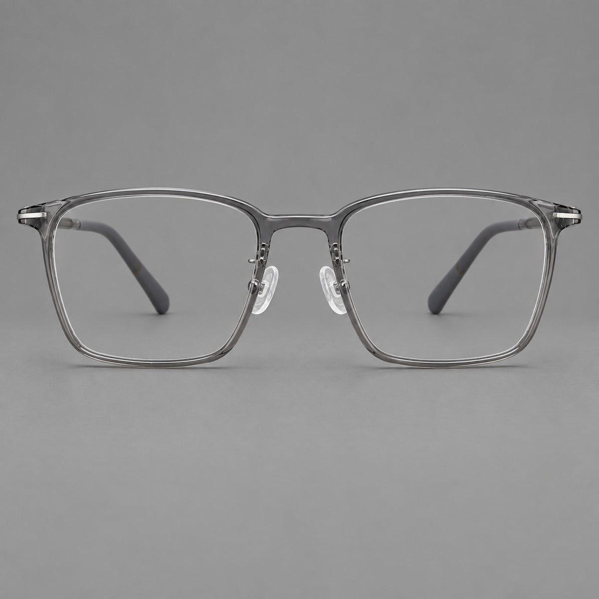 Modern square plastic eyeglasses with a smooth browline and slim metal corner details — Medium Grey — Front view [CINILY-JD2026-2212-C1]