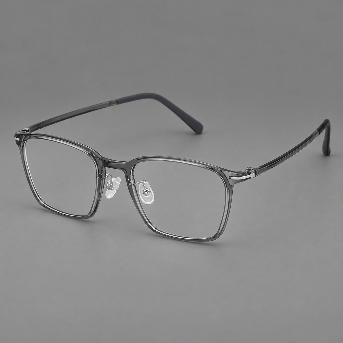 Modern square plastic eyeglasses with a smooth browline and slim metal corner details — Medium Grey — Main view [CINILY-JD2026-2212-C1]