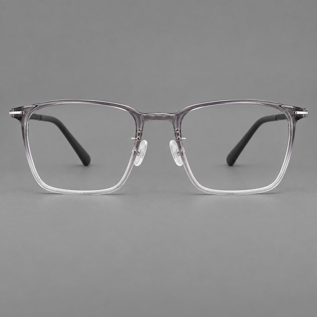 Modern square plastic eyeglasses with a smooth browline and slim metal corner details — Ink Grey Gradient — Front view [CINILY-JD2026-2212-C2]