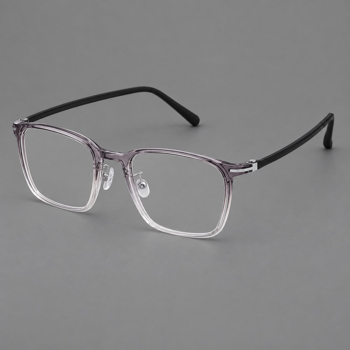 Modern square plastic eyeglasses with a smooth browline and slim metal corner details — Ink Grey Gradient — Main view [CINILY-JD2026-2212-C2]