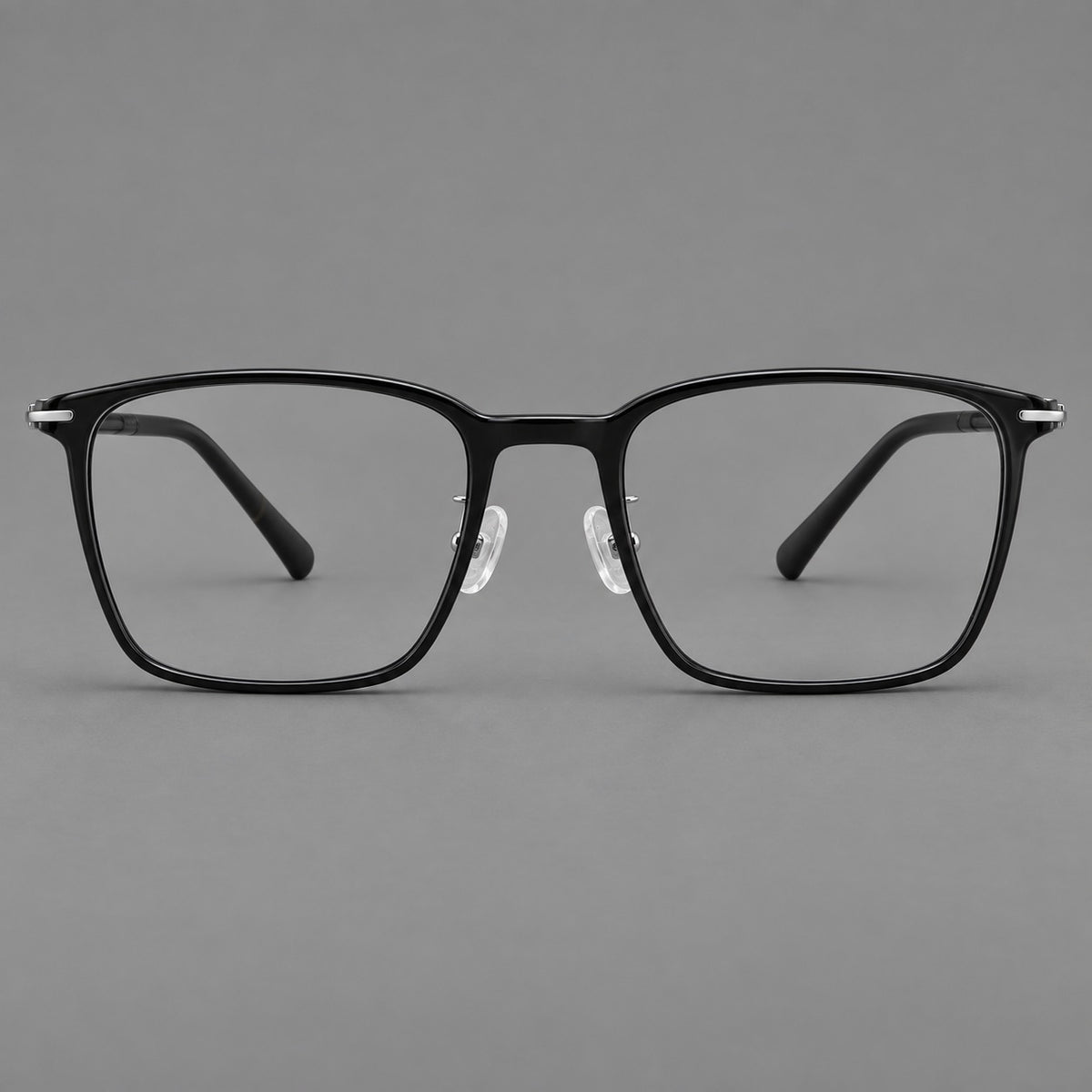 Modern square plastic eyeglasses with a smooth browline and slim metal corner details — Glossy Black — Front view [CINILY-JD2026-2212-C6]