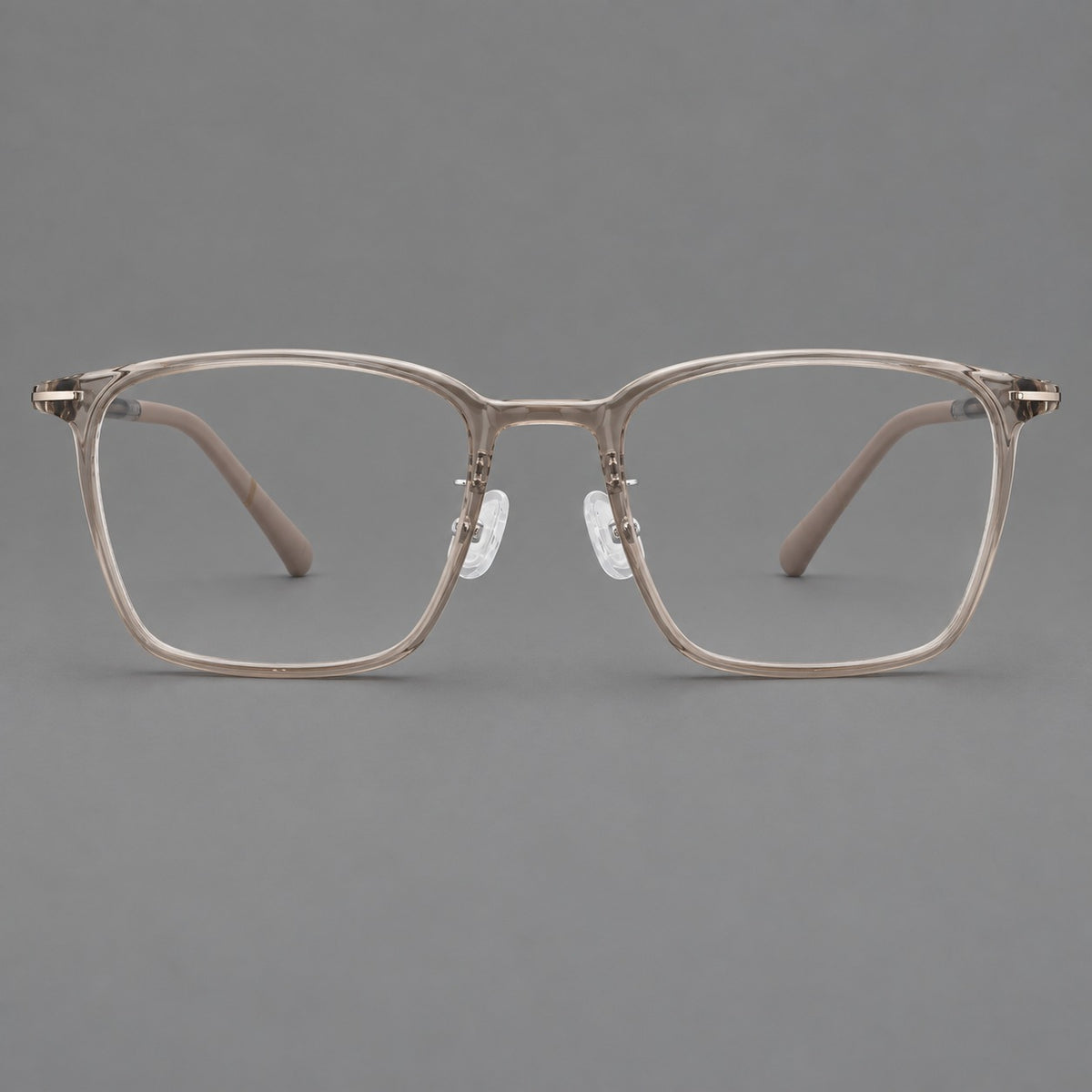 Modern square plastic eyeglasses with a smooth browline and slim metal corner details — Twilight Grey Tea — Front view [CINILY-JD2026-2212-C7]