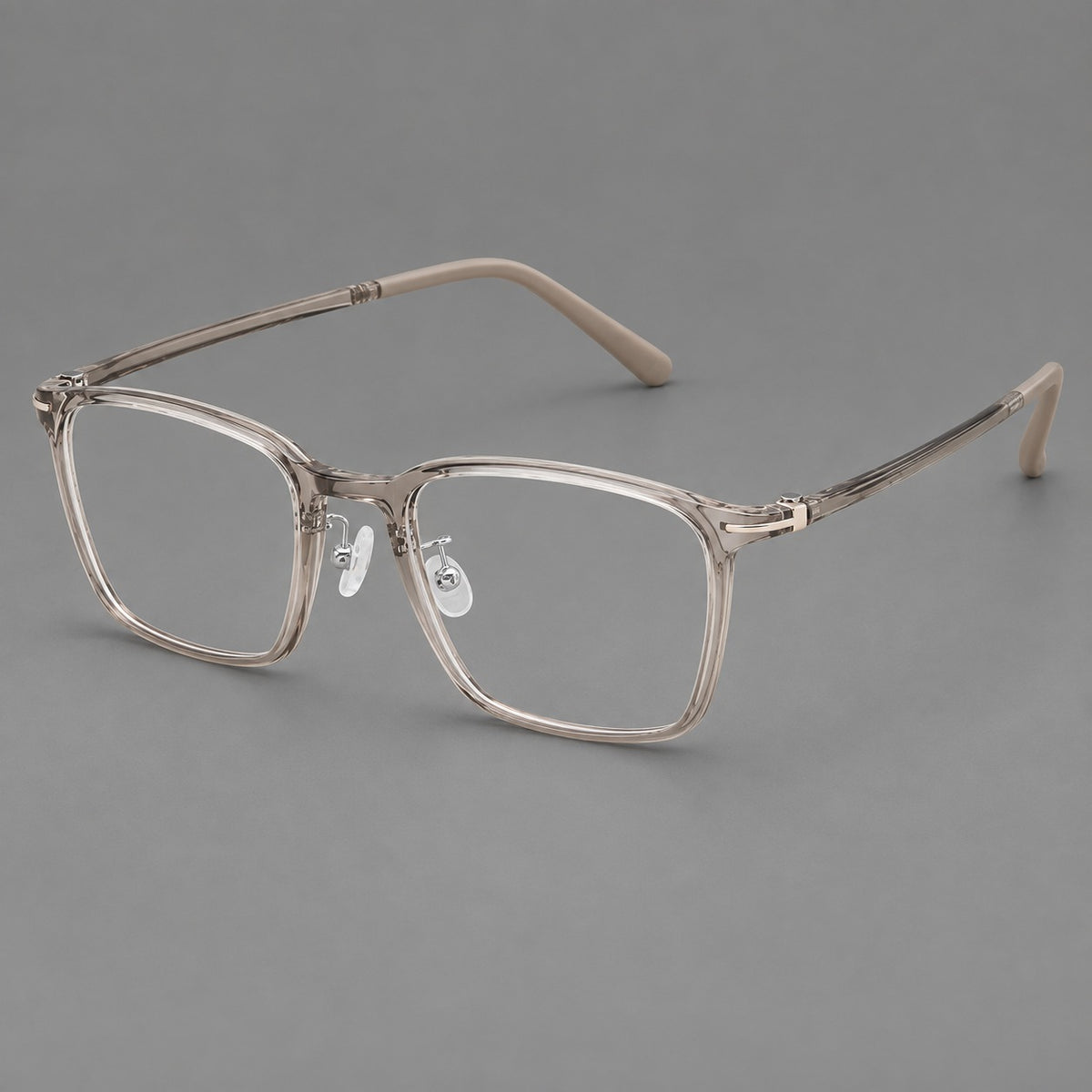Modern square plastic eyeglasses with a smooth browline and slim metal corner details — Twilight Grey Tea — Main view [CINILY-JD2026-2212-C7]