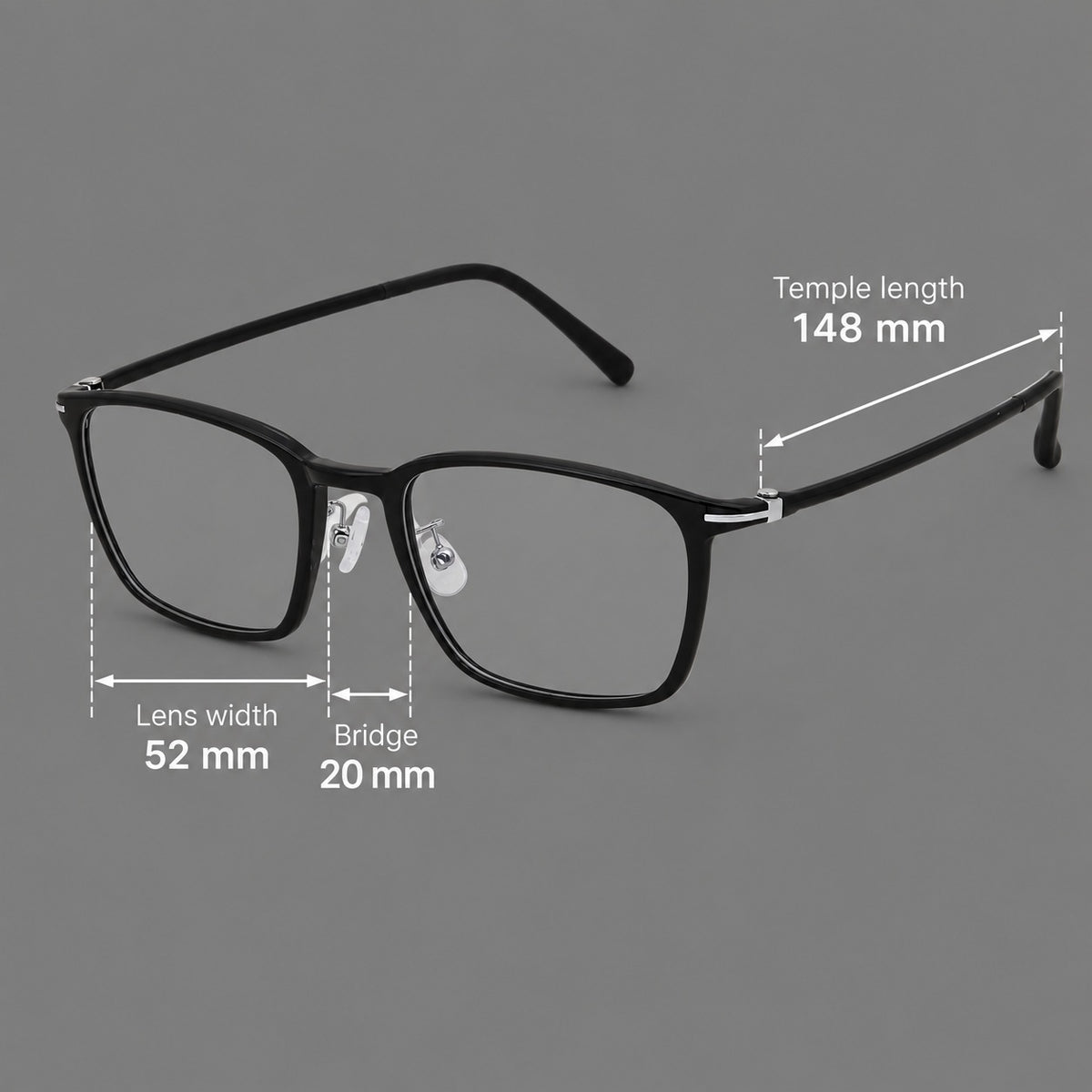Modern square plastic eyeglasses with a smooth browline and slim metal corner details — 2212 — Size guide [JD2026-2212]