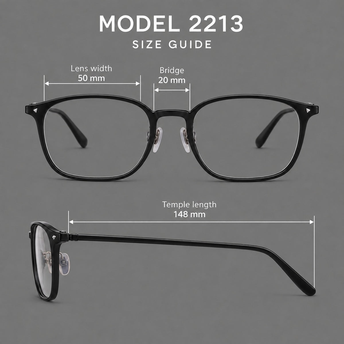 Retro square plastic eyeglasses with a curved bridge and triangular corner details — 2213 — Size guide [JD2026-2213]