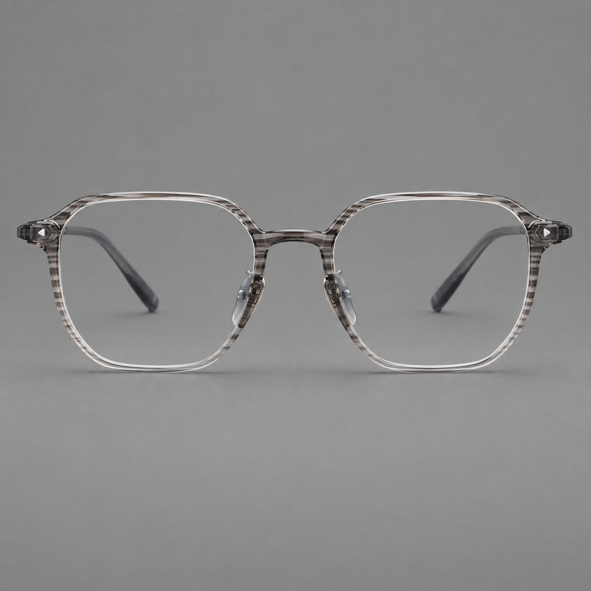 Soft square plastic eyeglasses with rounded lower rims and a broad curved bridge — Striped Grey Gradient — Front view [CINILY-JD2026-2214-C2]