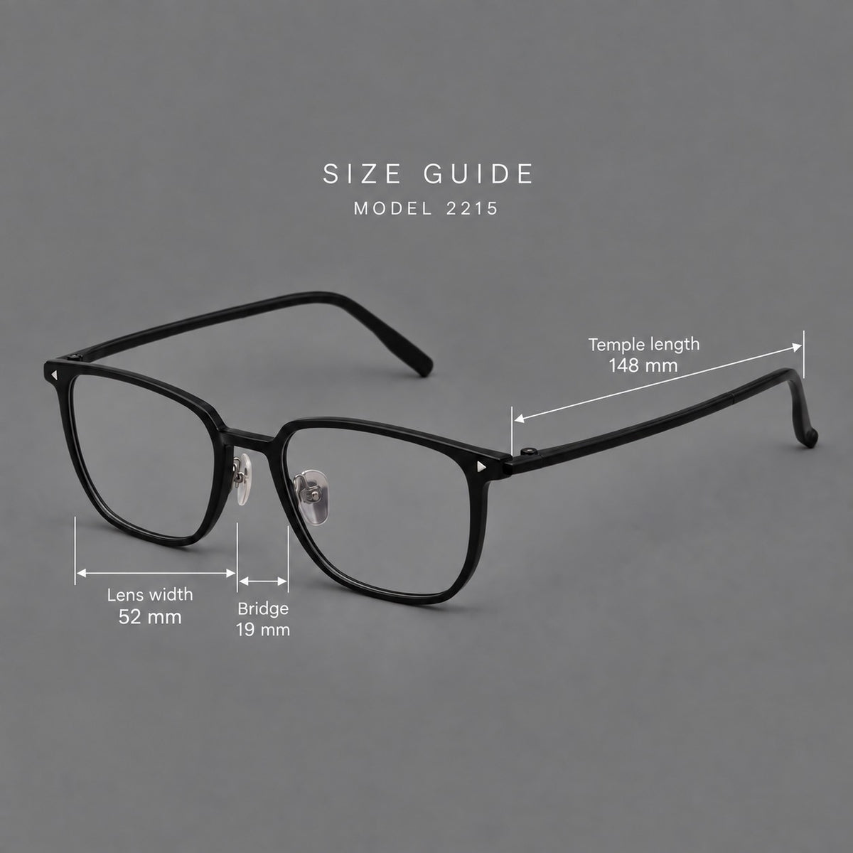 Refined rectangular plastic eyeglasses with raised outer corners and clear nose pads — 2215 — Size guide [JD2026-2215]