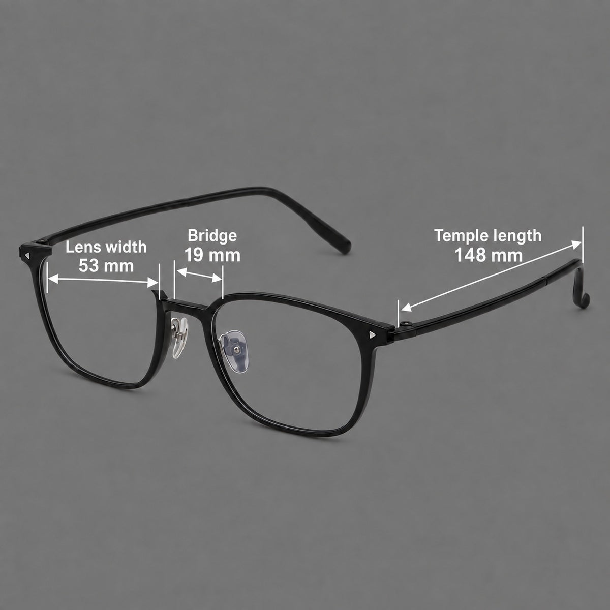 Classic soft square plastic eyeglasses with a gently curved browline and corner studs — 2216 — Size guide [JD2026-2216]