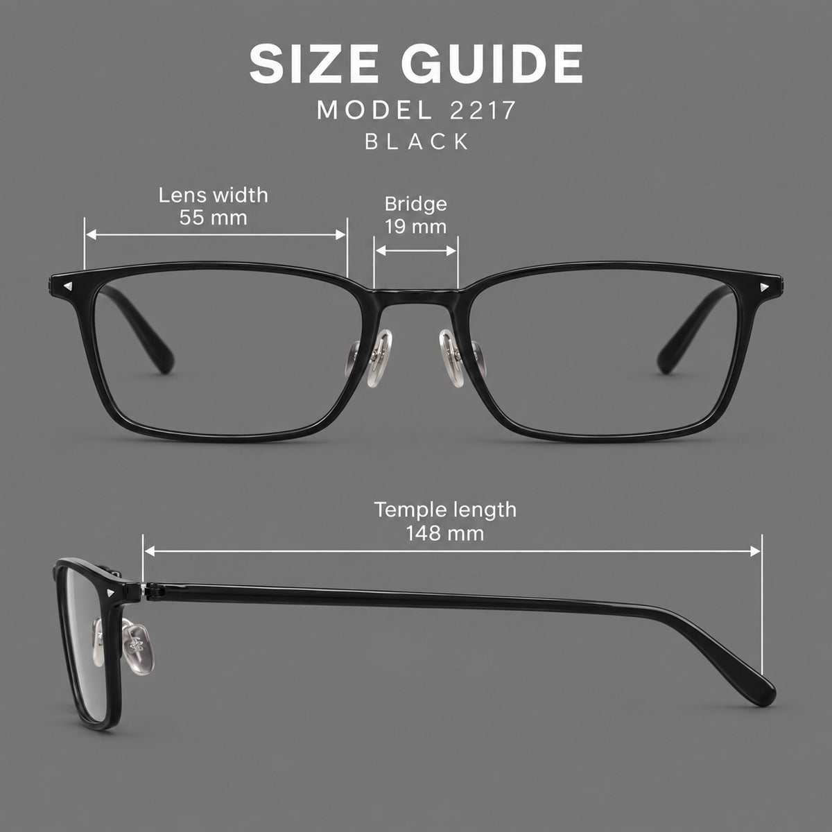 Clean rectangular plastic eyeglasses with flat lower rims and pointed corner details — 2217 — Size guide [JD2026-2217]