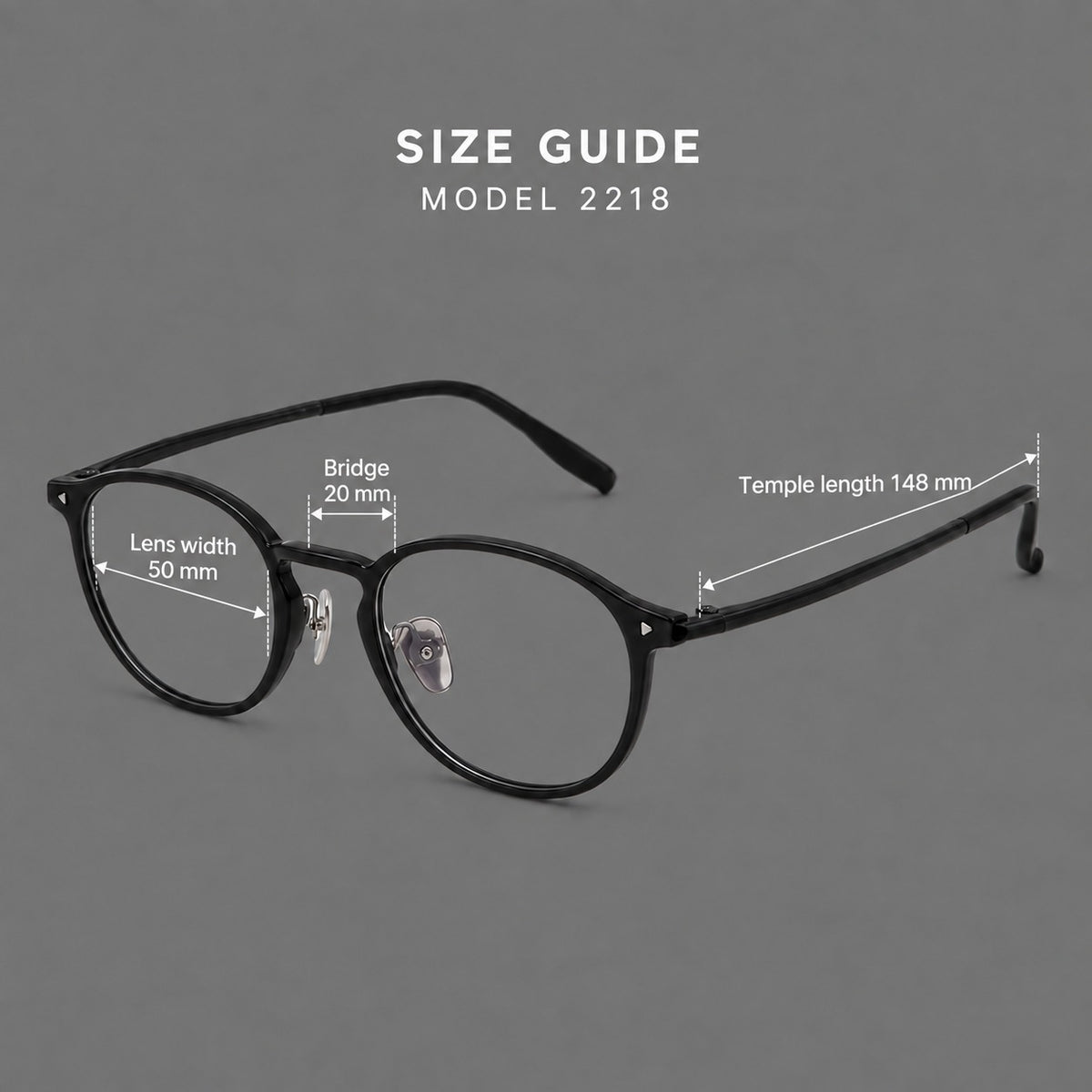 Vintage round plastic eyeglasses with a curved bridge and subtle triangular accents — 2218 — Size guide [JD2026-2218]