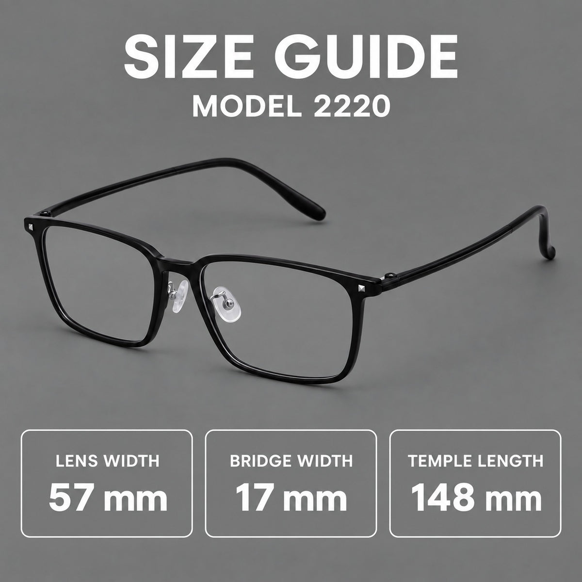 Wide rectangular plastic eyeglasses with an angular browline and slender rims — 2220 — Size guide [JD2026-2220]