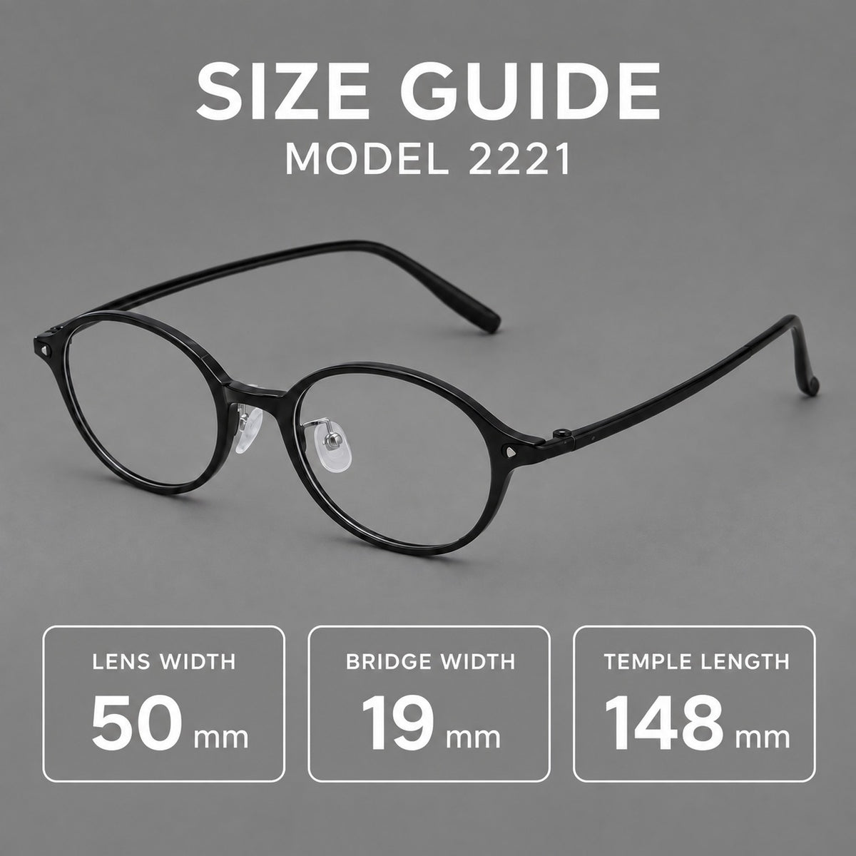 Retro round plastic eyeglasses with softly lifted corners and a sculpted bridge — 2221 — Size guide [JD2026-2221]