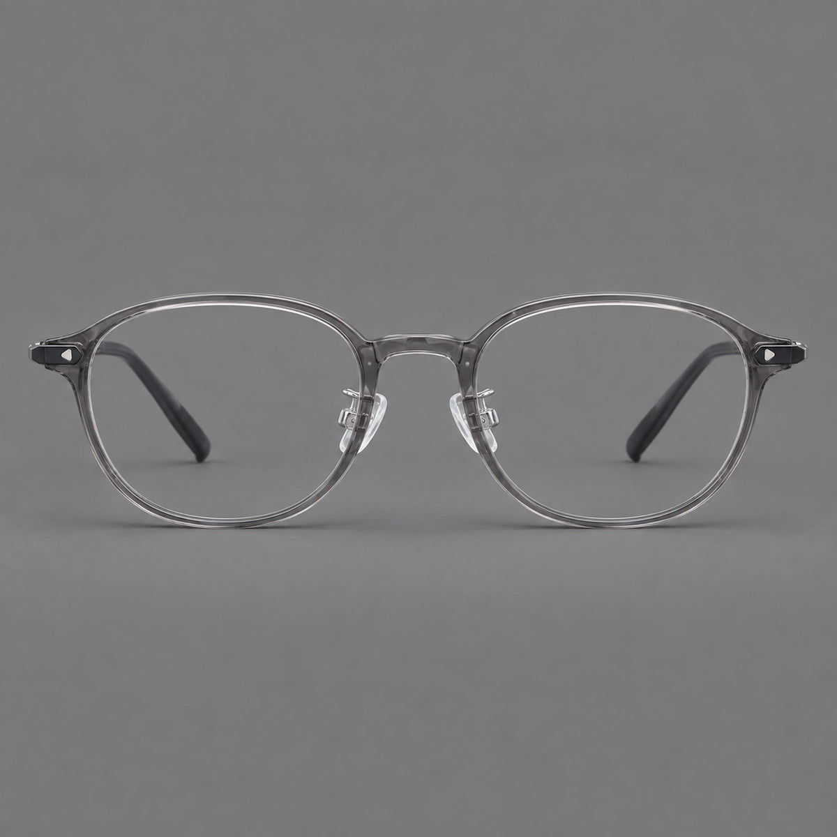 Panto plastic eyeglasses with a rounded silhouette and triangular corner studs — Grey — Front view [CINILY-JD2026-2222-C1]