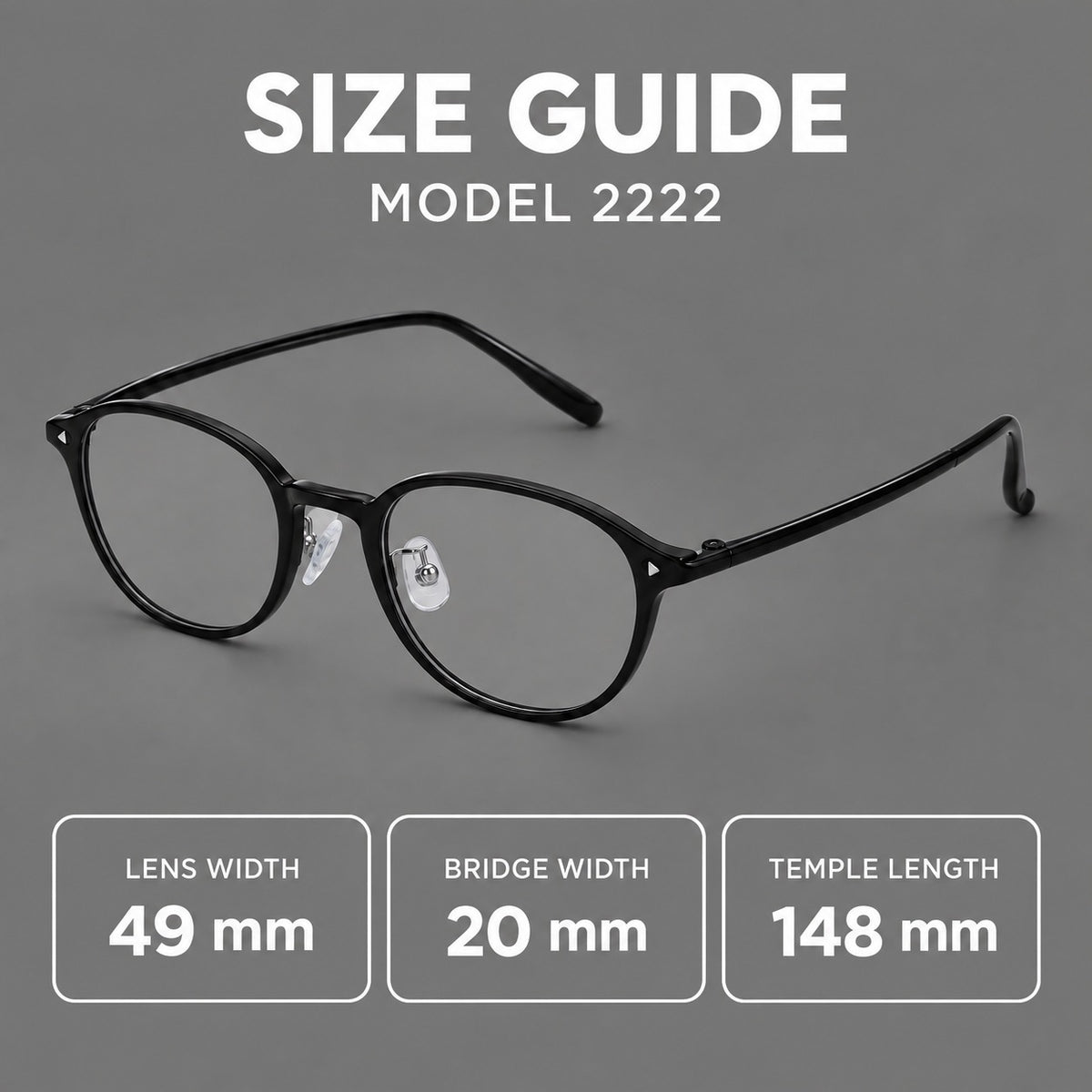 Panto plastic eyeglasses with a rounded silhouette and triangular corner studs — 2222 — Size guide [JD2026-2222]