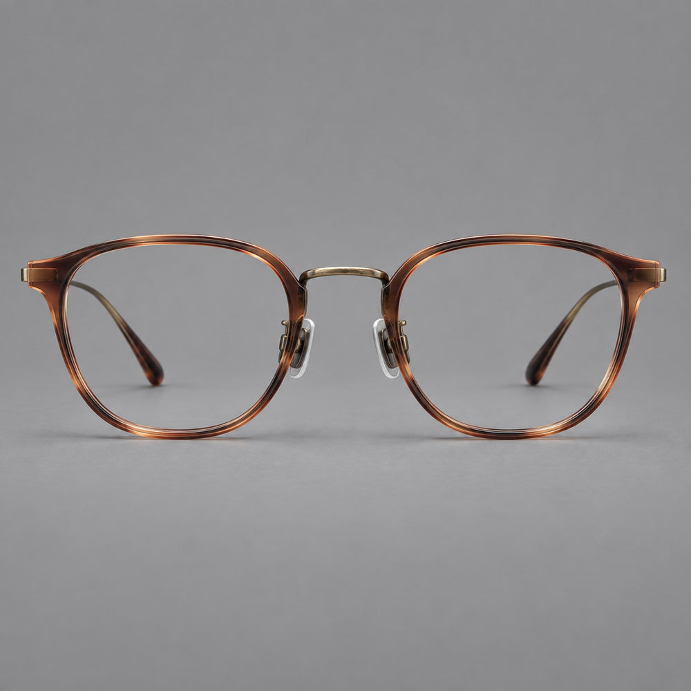 Retro soft square eyeglasses in acetate and titanium with a curved bridge and slender temples — Amber Tortoiseshell / Antique Gold — Front view [CINILY-JD2026-61001-C1]