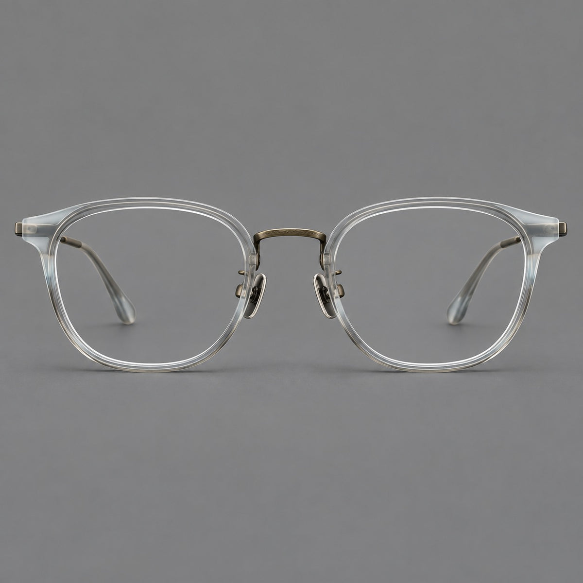 Retro soft square eyeglasses in acetate and titanium with a curved bridge and slender temples — Ice Grey Tortoiseshell / Antique Gold — Front view [CINILY-JD2026-61001-C2]