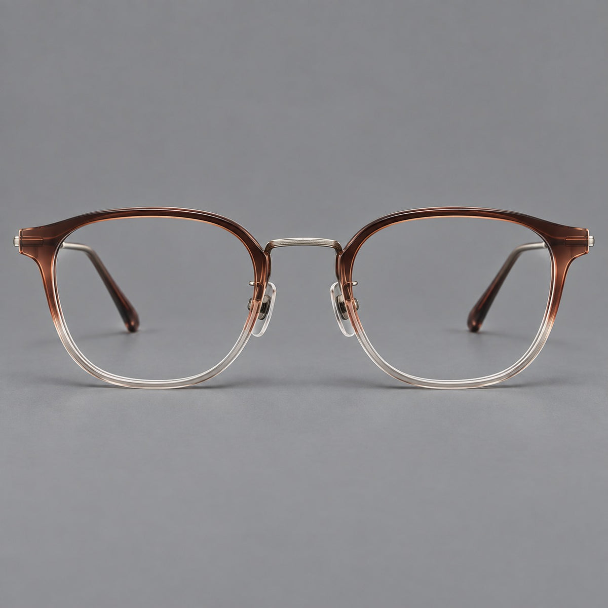 Retro soft square eyeglasses in acetate and titanium with a curved bridge and slender temples — Brown Gradient / Light Gunmetal — Front view [CINILY-JD2026-61001-C3]