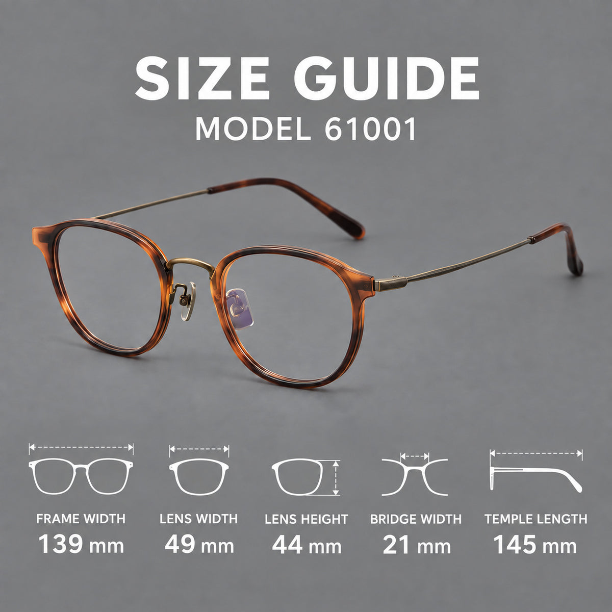 Retro soft square eyeglasses in acetate and titanium with a curved bridge and slender temples — 61001 — Size guide [JD2026-61001]