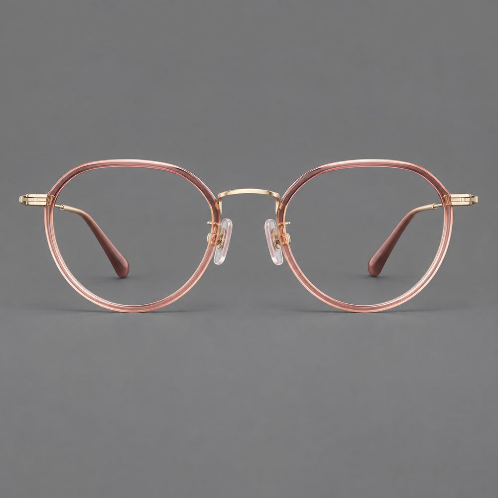 Rounded eyeglasses in acetate and titanium with gently arched brows and engraved metal temples — Amber Pink / Gold — Front view [CINILY-JD2026-61002-C1]
