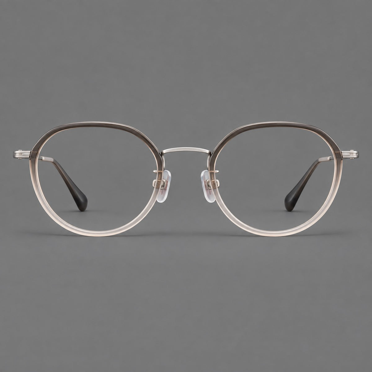 Rounded eyeglasses in acetate and titanium with gently arched brows and engraved metal temples — Mist Grey Gradient / Silver — Front view [CINILY-JD2026-61002-C2]