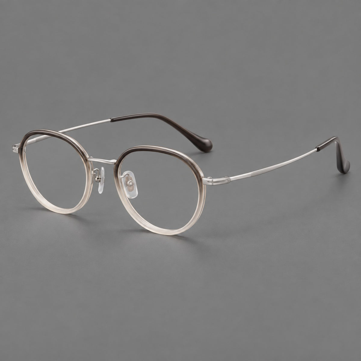 Rounded eyeglasses in acetate and titanium with gently arched brows and engraved metal temples — Mist Grey Gradient / Silver — Main view [CINILY-JD2026-61002-C2]