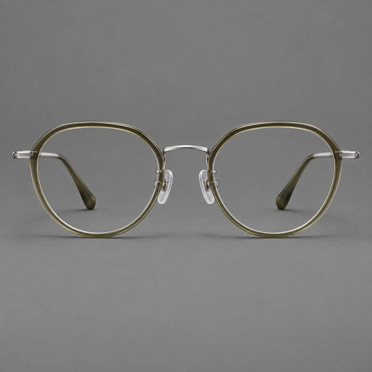 Rounded eyeglasses in acetate and titanium with gently arched brows and engraved metal temples — Grey Green / Silver — Front view [CINILY-JD2026-61002-C6]