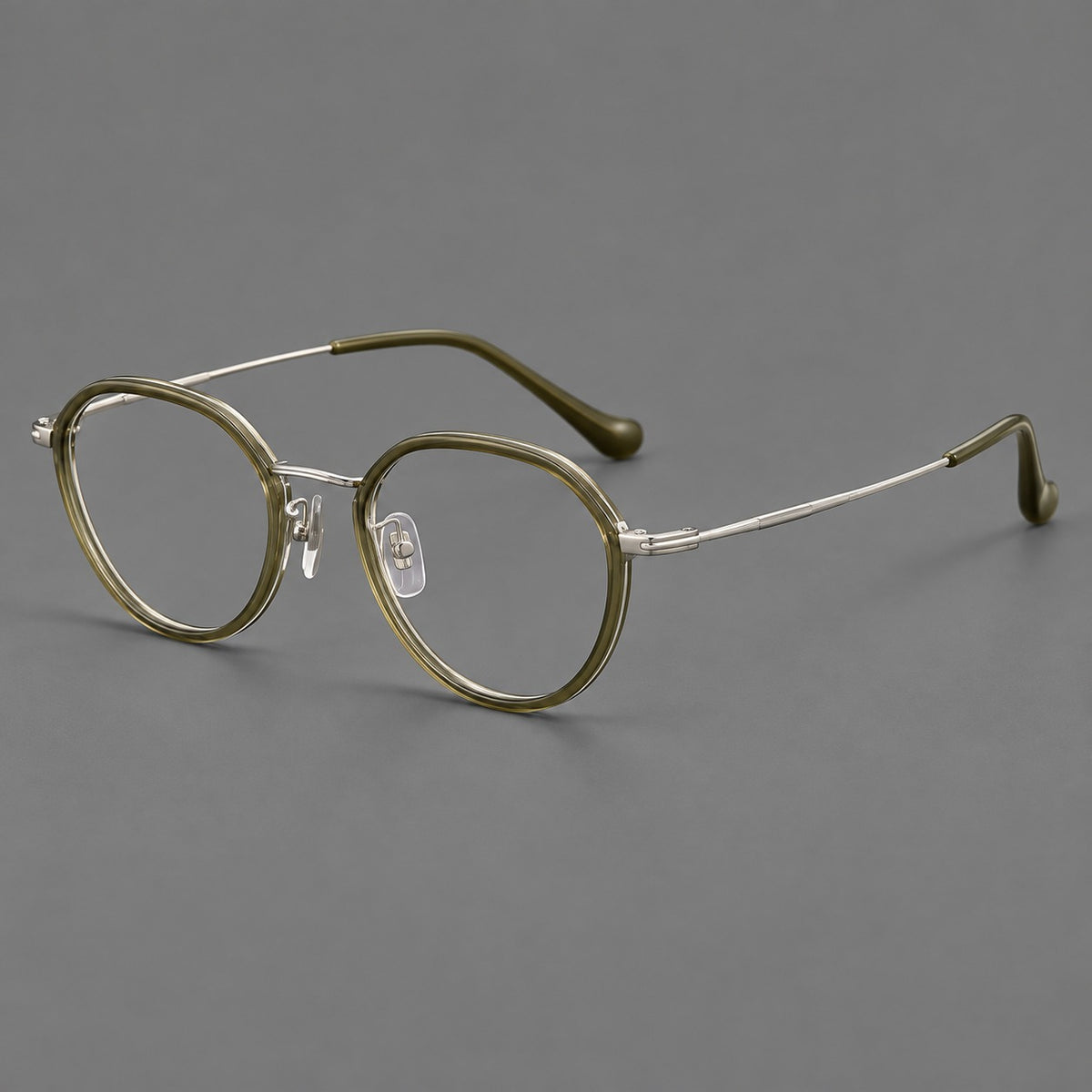 Rounded eyeglasses in acetate and titanium with gently arched brows and engraved metal temples — Grey Green / Silver — Main view [CINILY-JD2026-61002-C6]