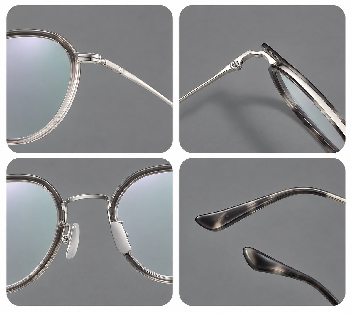 Rounded eyeglasses in acetate and titanium with gently arched brows and engraved metal temples — 61002 — Frame details [JD2026-61002]