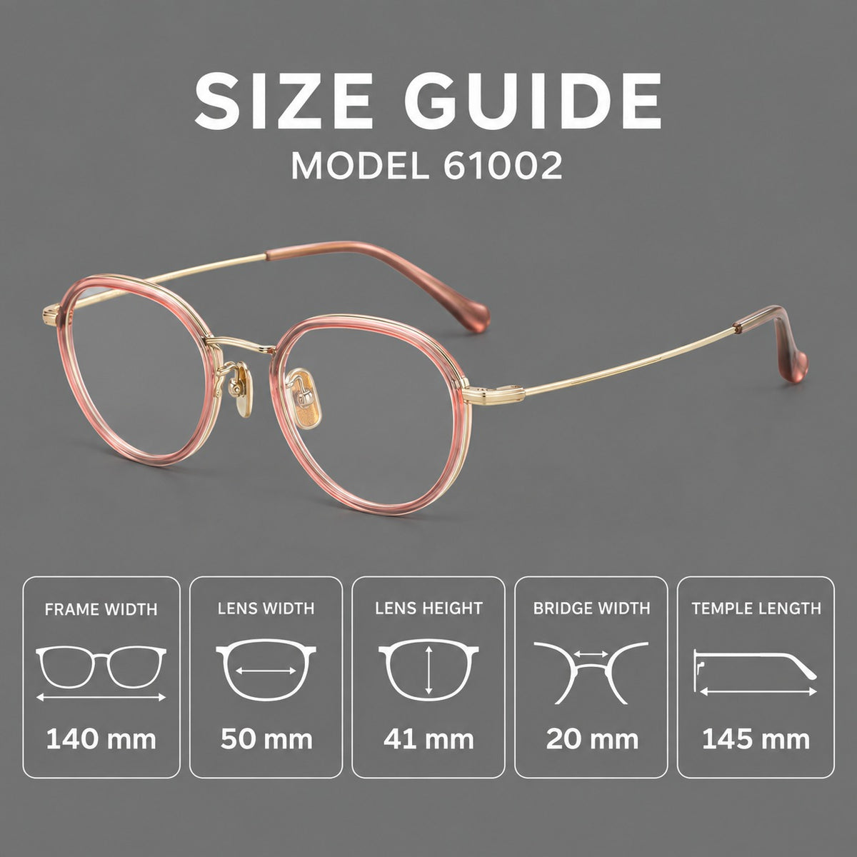 Rounded eyeglasses in acetate and titanium with gently arched brows and engraved metal temples — 61002 — Size guide [JD2026-61002]