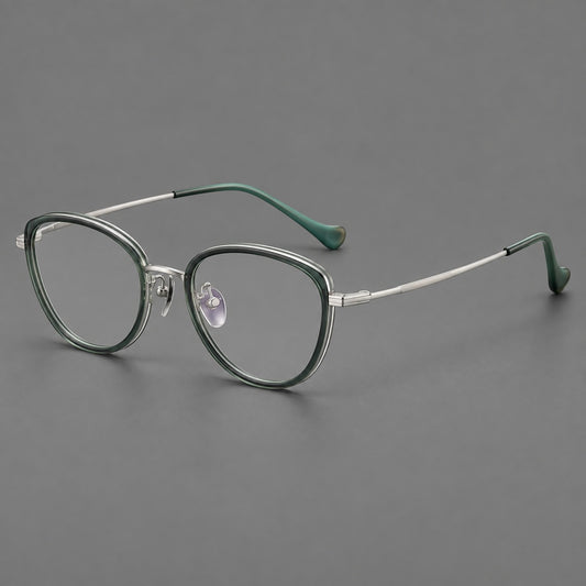 Upswept eyeglasses in acetate and titanium with softly rounded rims and tapered metal temples — Clear Green / Silver — Main view [CINILY-JD2026-61003-C1]