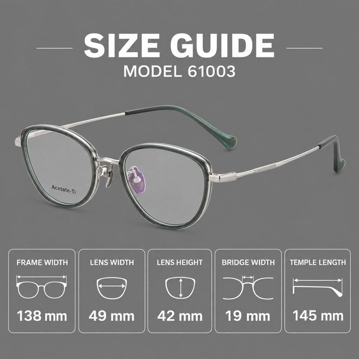 Upswept eyeglasses in acetate and titanium with softly rounded rims and tapered metal temples — 61003 — Size guide [JD2026-61003]