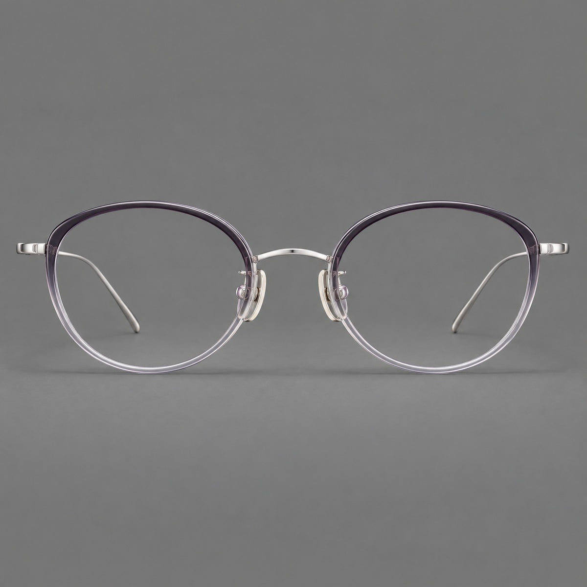 Round eyeglasses in acetate and titanium with a slim curved bridge and fine metal temples — Purple Gradient / Silver — Front view [CINILY-JD2026-61004-C5]
