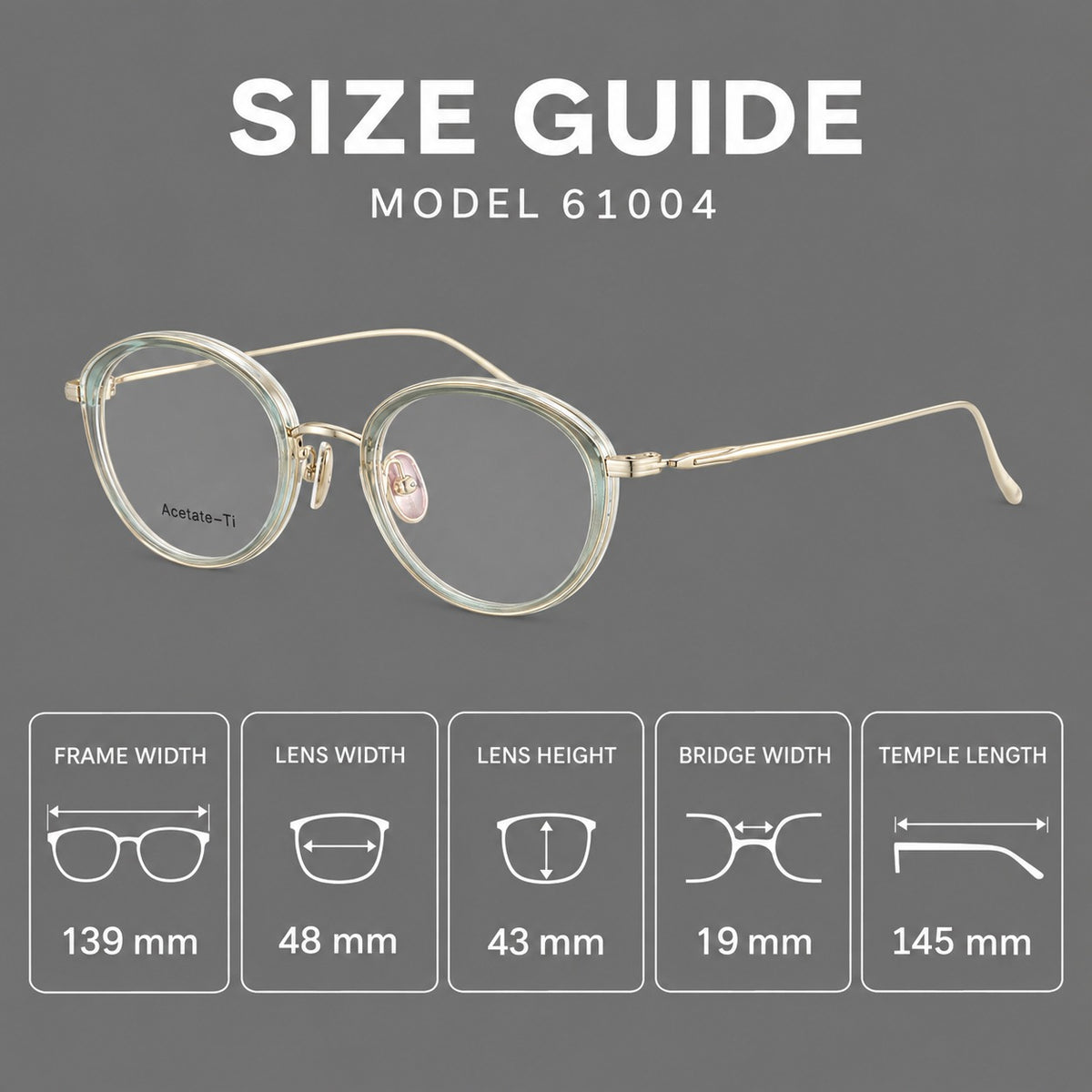 Round eyeglasses in acetate and titanium with a slim curved bridge and fine metal temples — 61004 — Size guide [JD2026-61004]