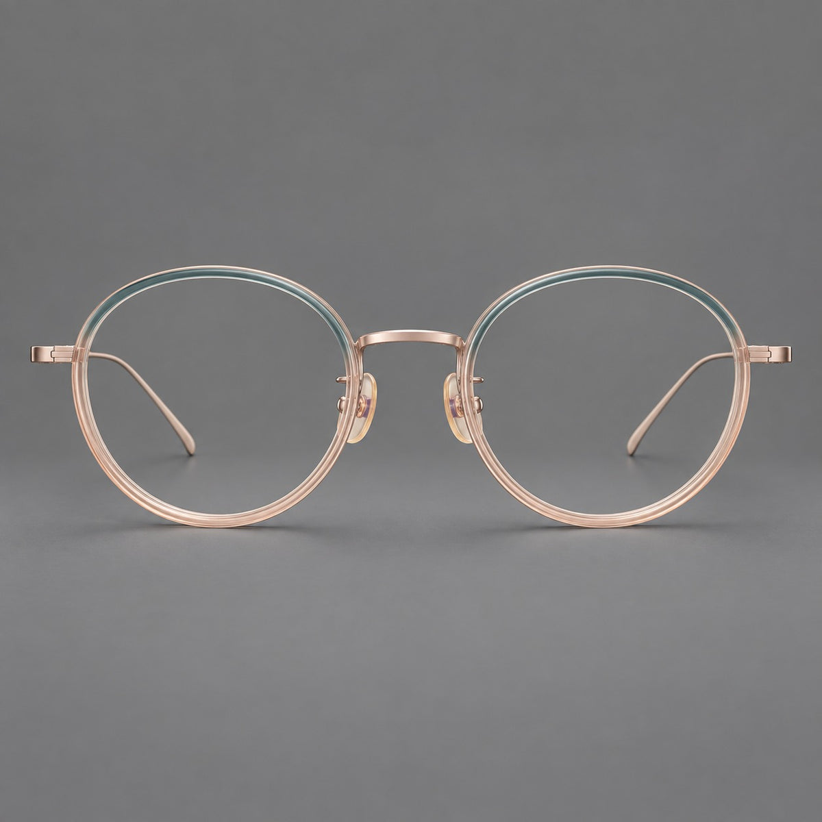 Classic round eyeglasses in acetate and titanium with slim rims and textured metal temples — Blue Tea Gradient / Rose Gold — Front view [CINILY-JD2026-61005-C2]