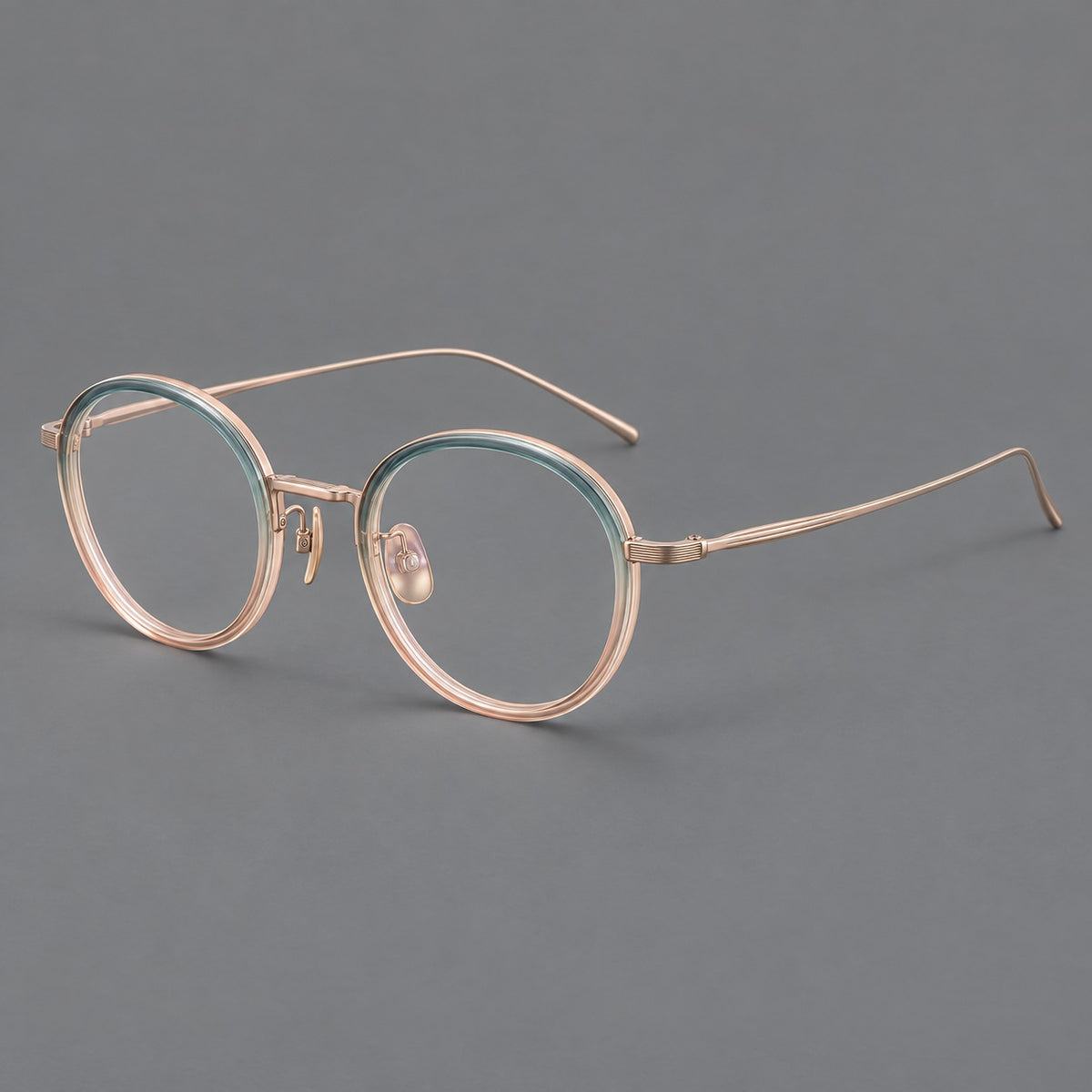 Classic round eyeglasses in acetate and titanium with slim rims and textured metal temples — Blue Tea Gradient / Rose Gold — Main view [CINILY-JD2026-61005-C2]