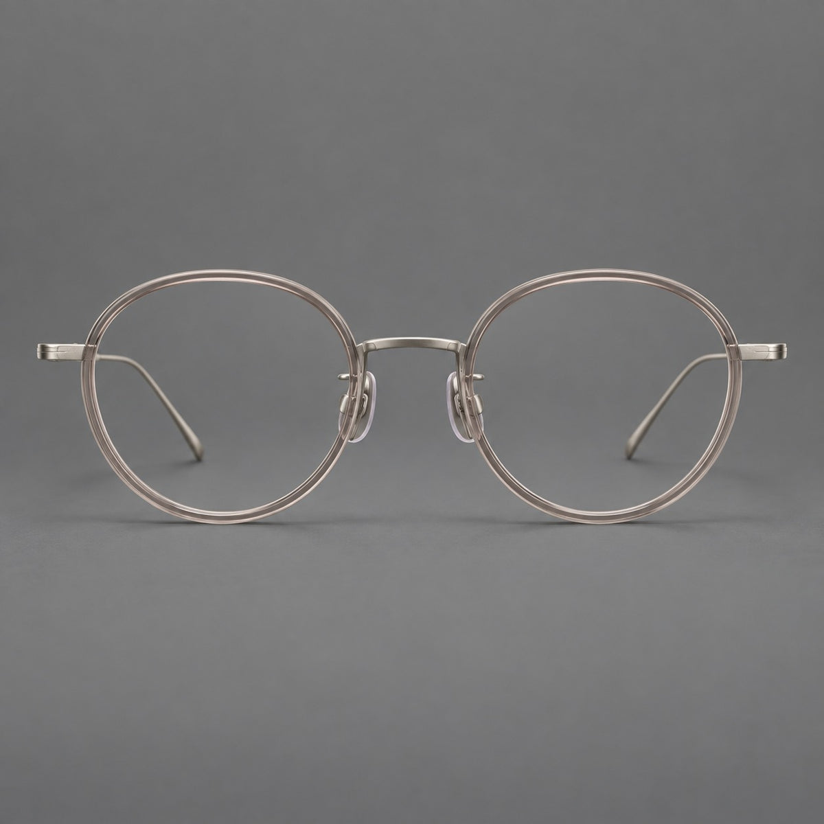 Classic round eyeglasses in acetate and titanium with slim rims and textured metal temples — Grey Pink Gradient / Gunmetal — Front view [CINILY-JD2026-61005-C3]