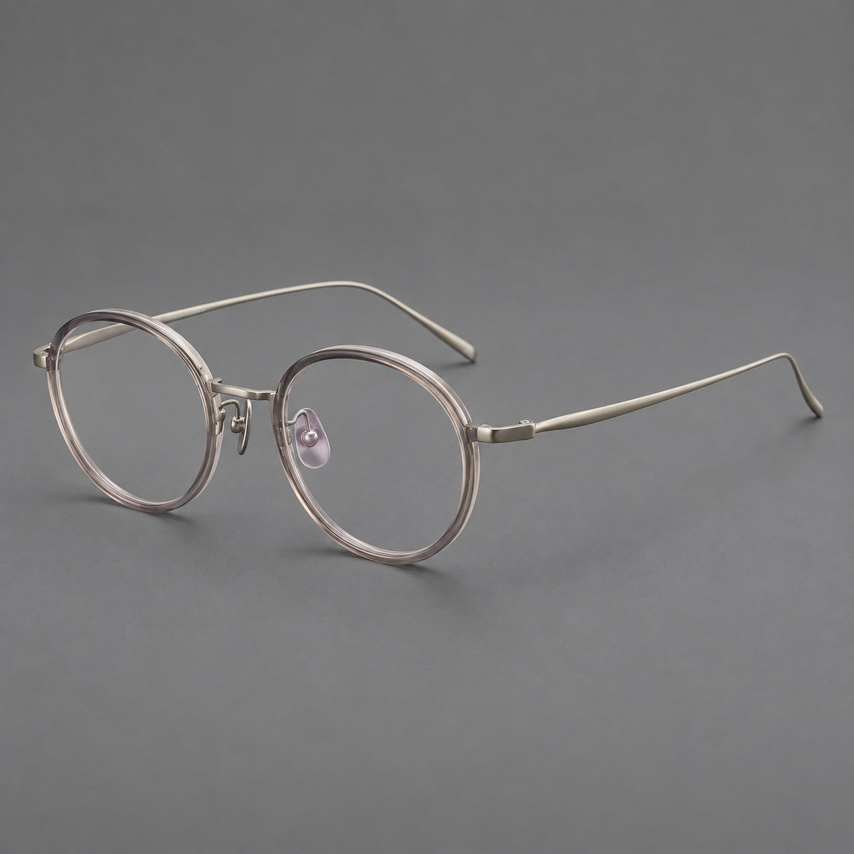 Classic round eyeglasses in acetate and titanium with slim rims and textured metal temples — Grey Pink Gradient / Gunmetal — Main view [CINILY-JD2026-61005-C3]